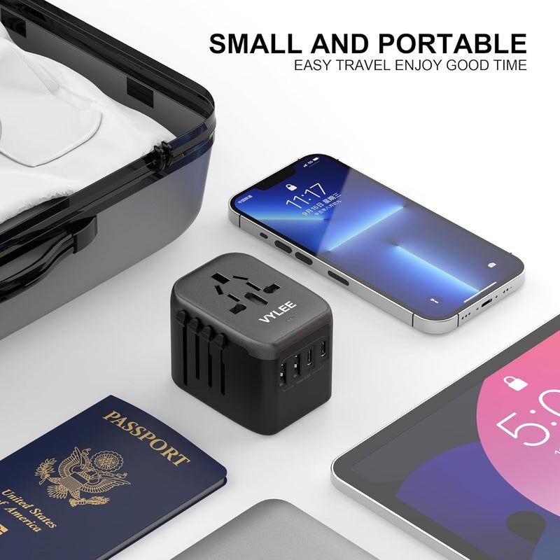 VYLEE Universal Travel Adapter, 5 in 1 International Power Adapter, 3.5A 2xUSB-A and 2xUSB C Wall Charger, Worldwide Travel Essentials Plug for Europe USA UK AUS Asia (Black Grey) - Image 3